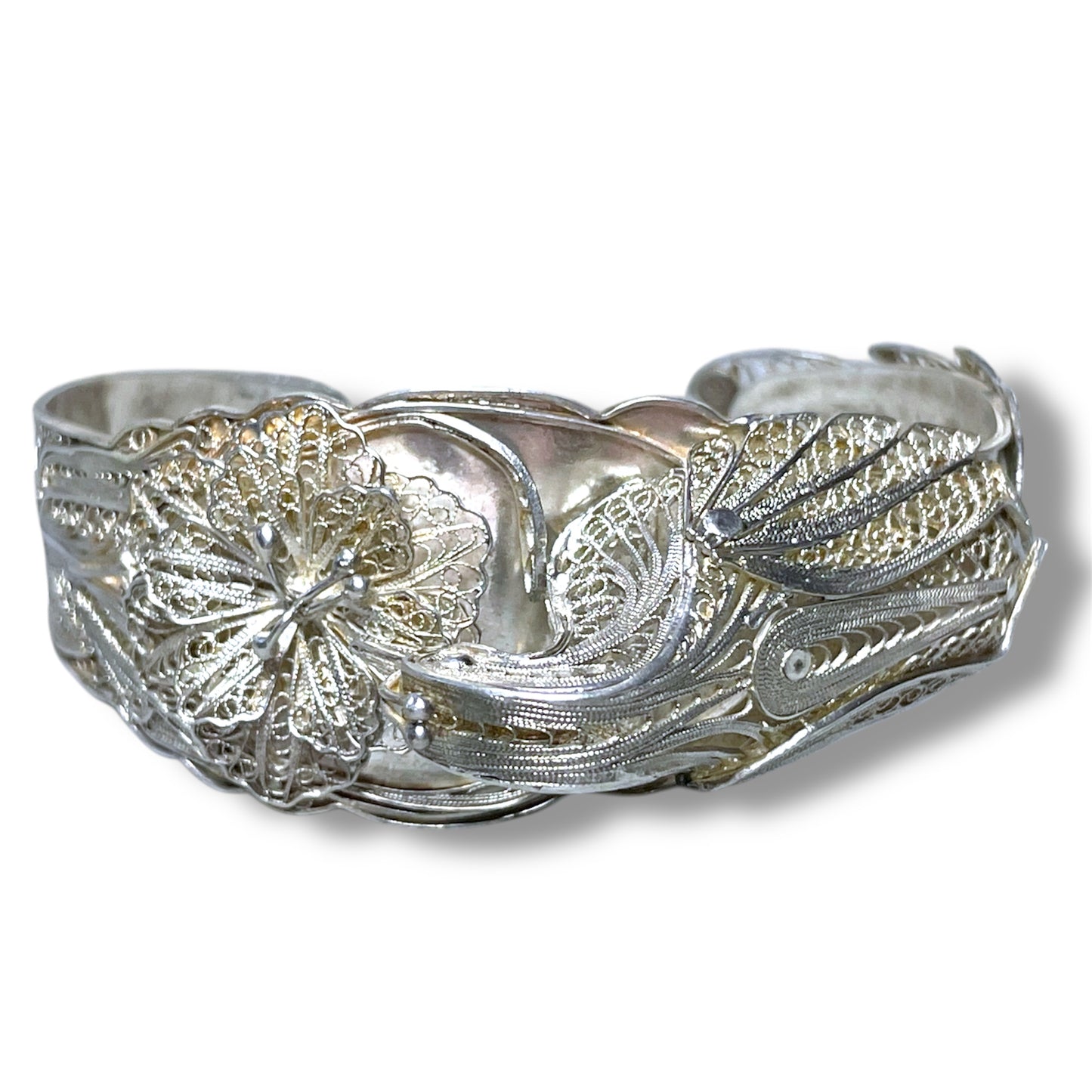 Incredible Sterling Filigree Peacock & Flower 3D Cuff Bracelet