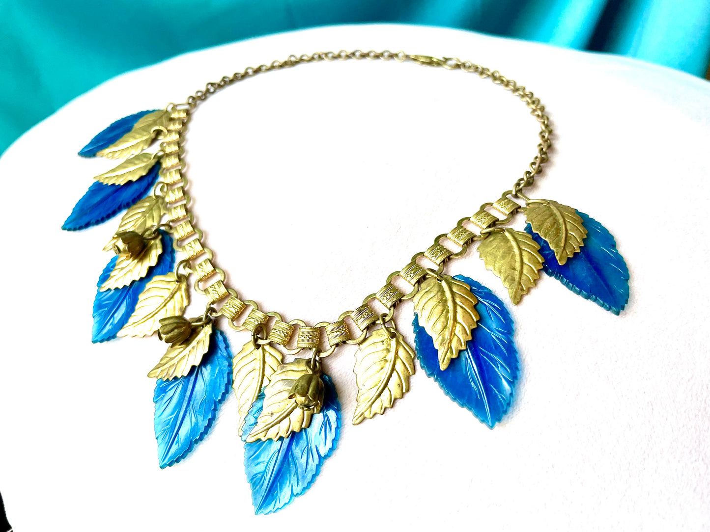 Miriam Haskell Embossed Brass & Turquoise Translucent Early Plastic Leaf & Bell Victorian Booklink Choker Necklace
