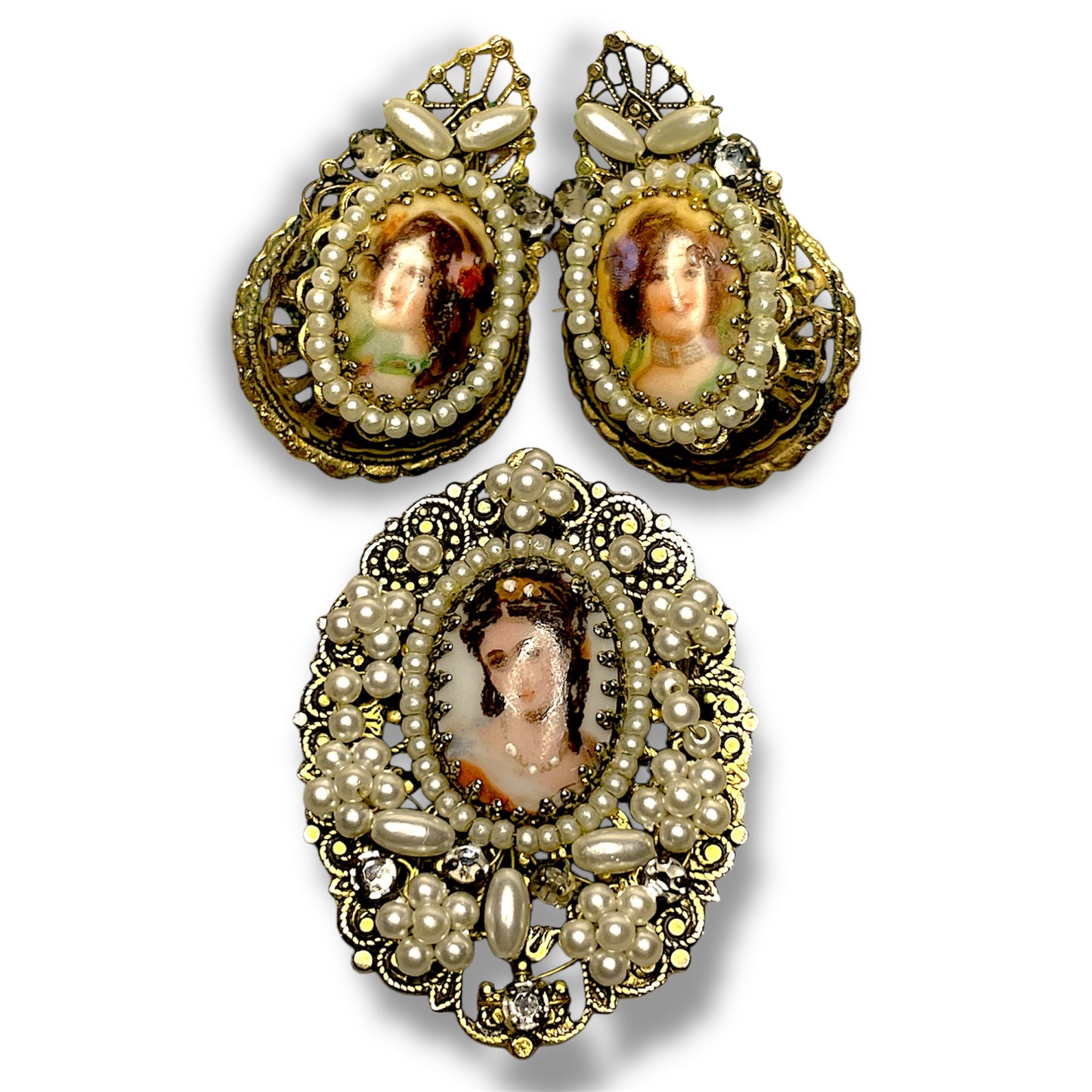 Antique Cameo & Pearl Gold Filigree Necklace, Brooch & Earring Demi Parure Set