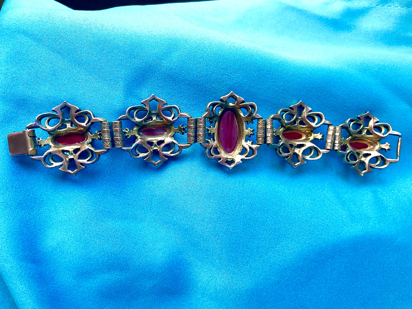 Heavy Brass Booklink Red-Orange Faux Amber Celluloid, Green Crystal & Pearl Panel Link Bracelet