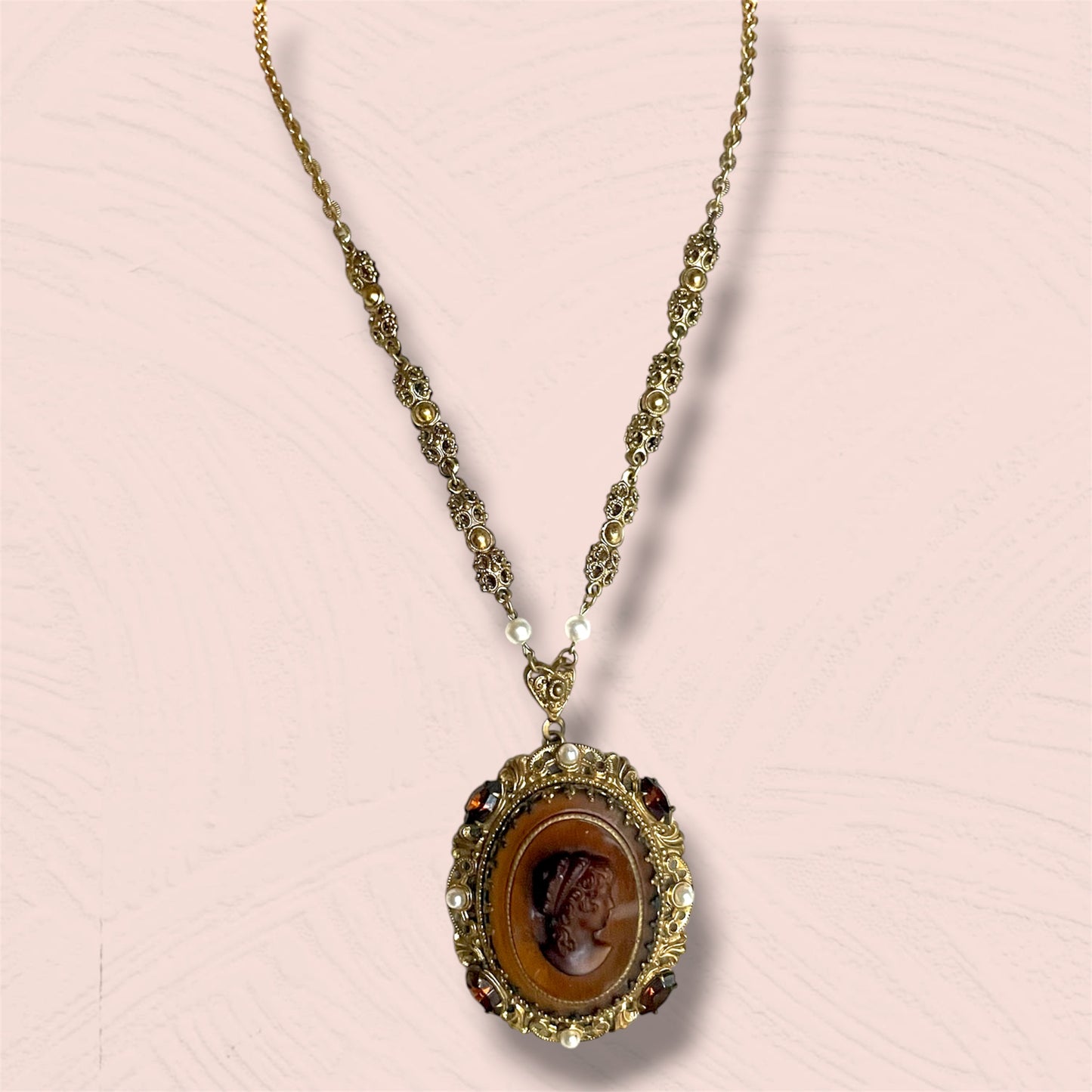 West German Brass Filigree Amber Cameo Crystal & Pearl Necklace