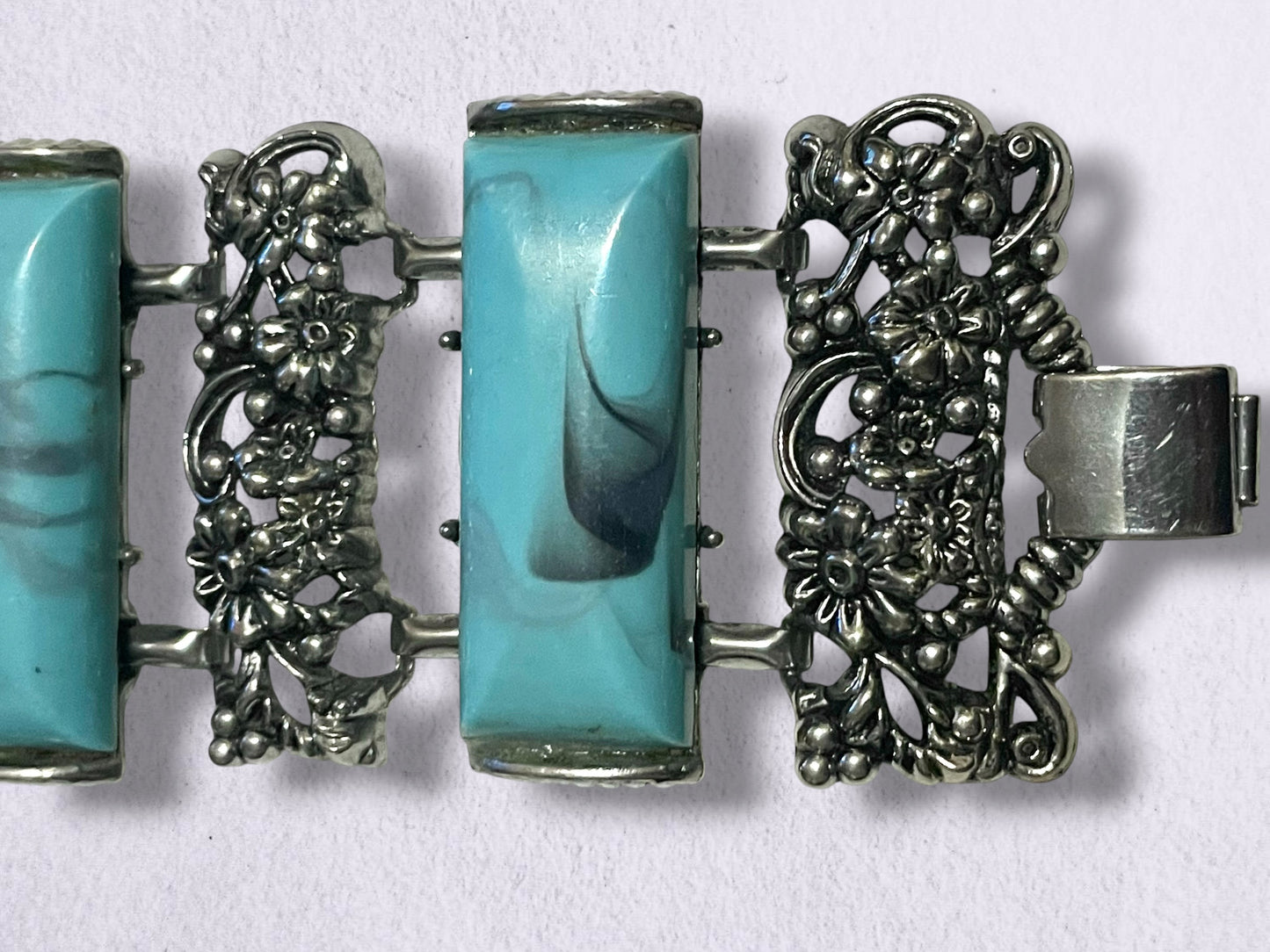 Mid Century Modern Chunky Silver Flower & Thermoset Faux Turquoise Panel Bracelet