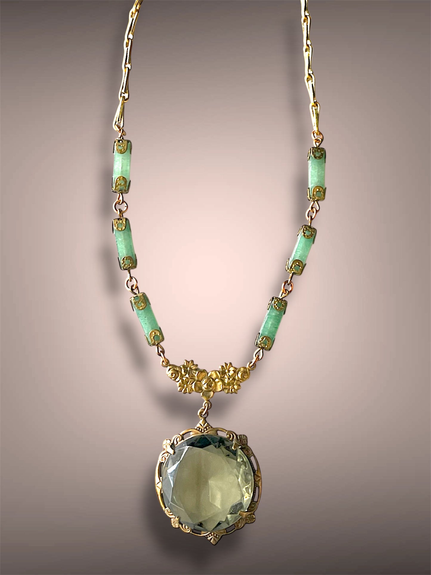 Gorgeous Antique Smokey Green Czech Art Glass Brass Floral Jade Gemstone Necklace