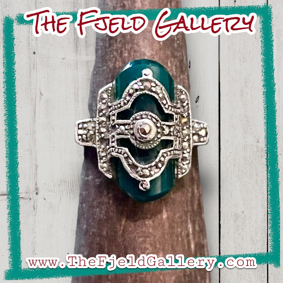 Chrysoprase Unique Art Deco Sterling Silver & Marcasite Overlay Ring