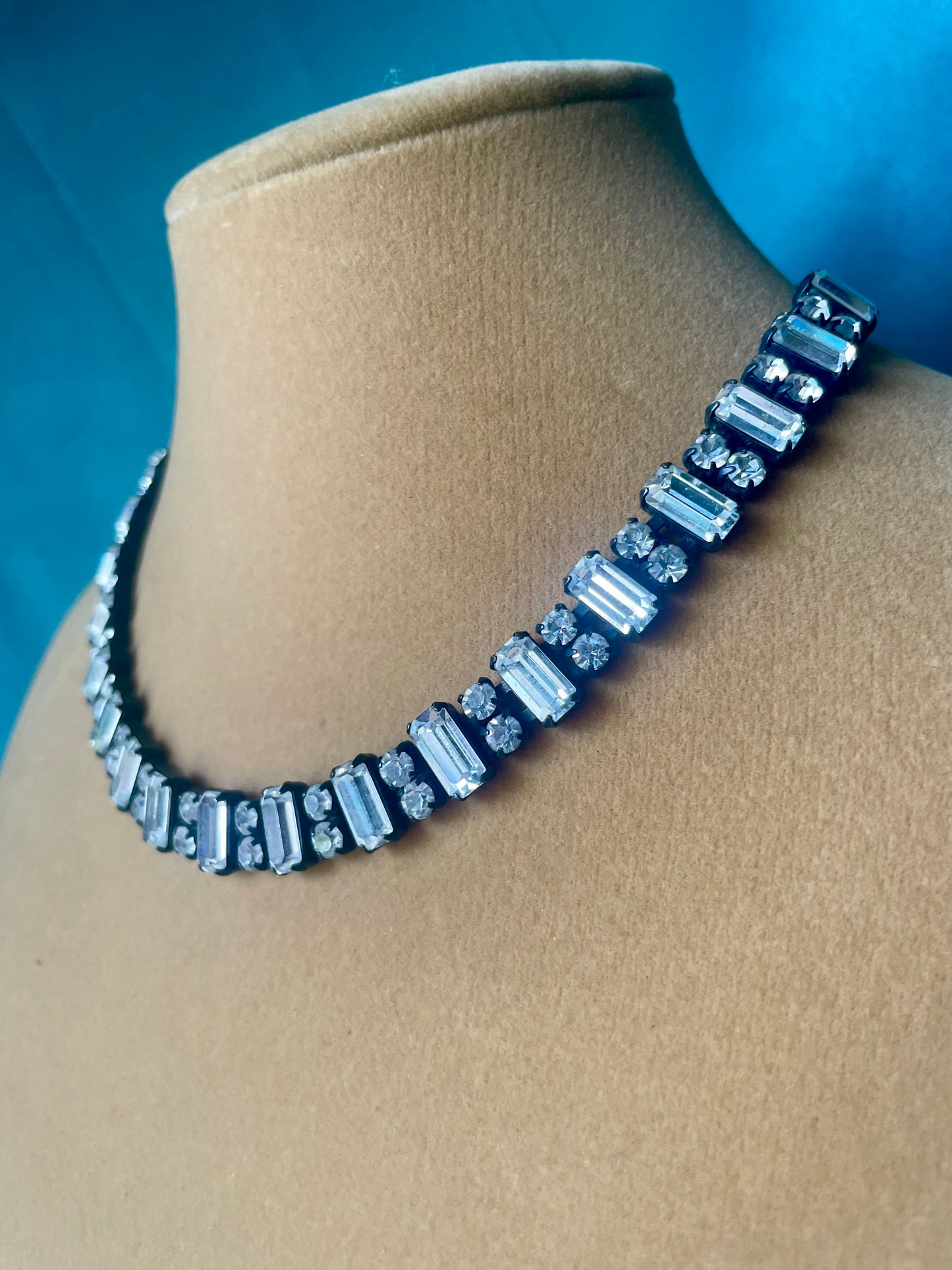 Prong Set Vintage Crystal Black Gunmetal Patina Bridal Choker Necklace