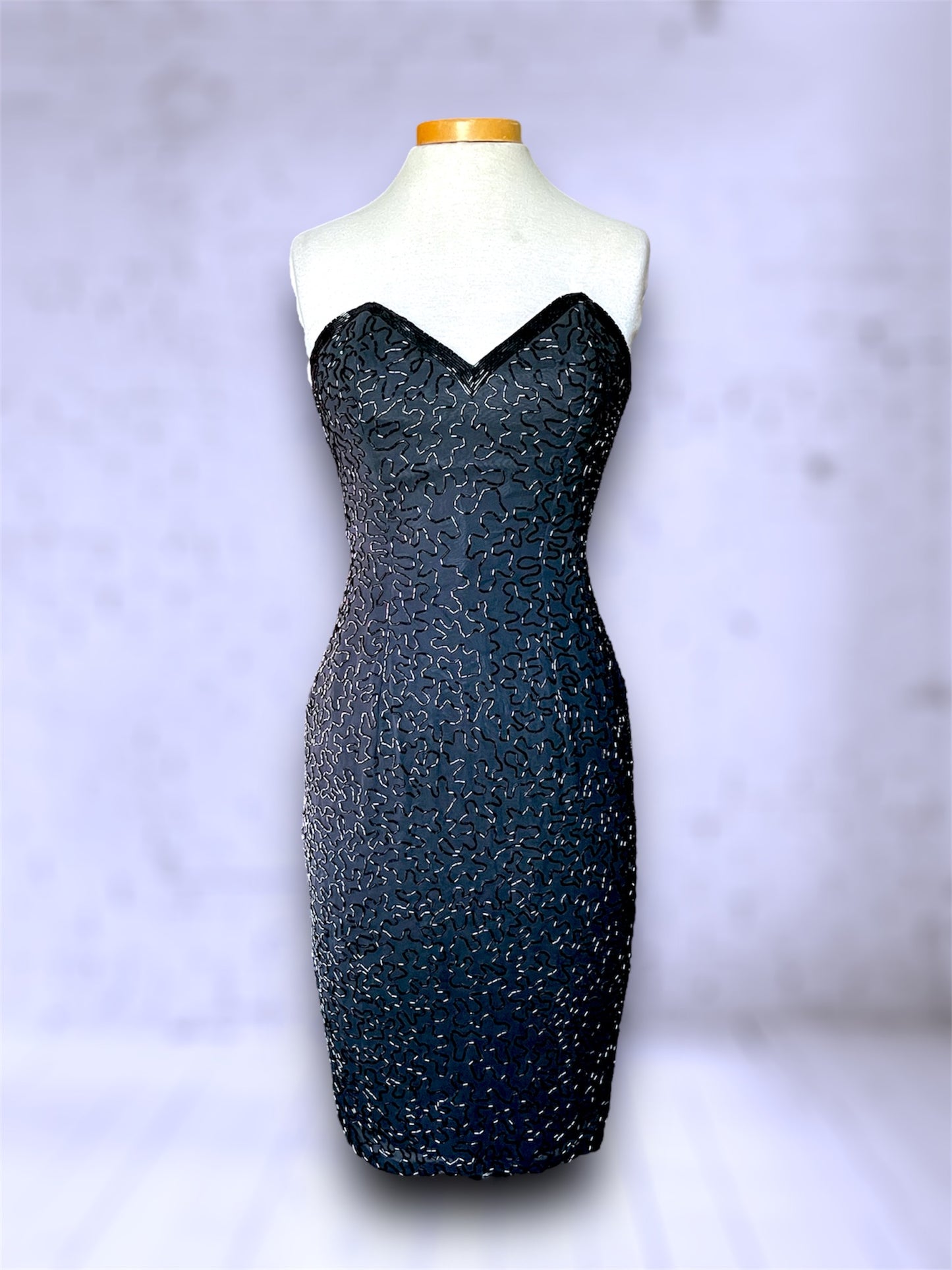 Vintage Lillie Rubin Designer Silk & Beaded Black Strapless Dress