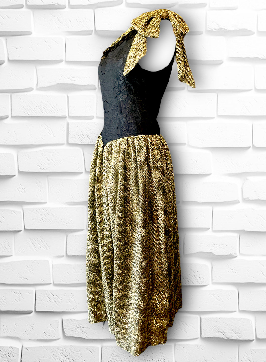 Vintage 1980’s Gold Lamé Bow & Black Transparent Bodice Long Dress