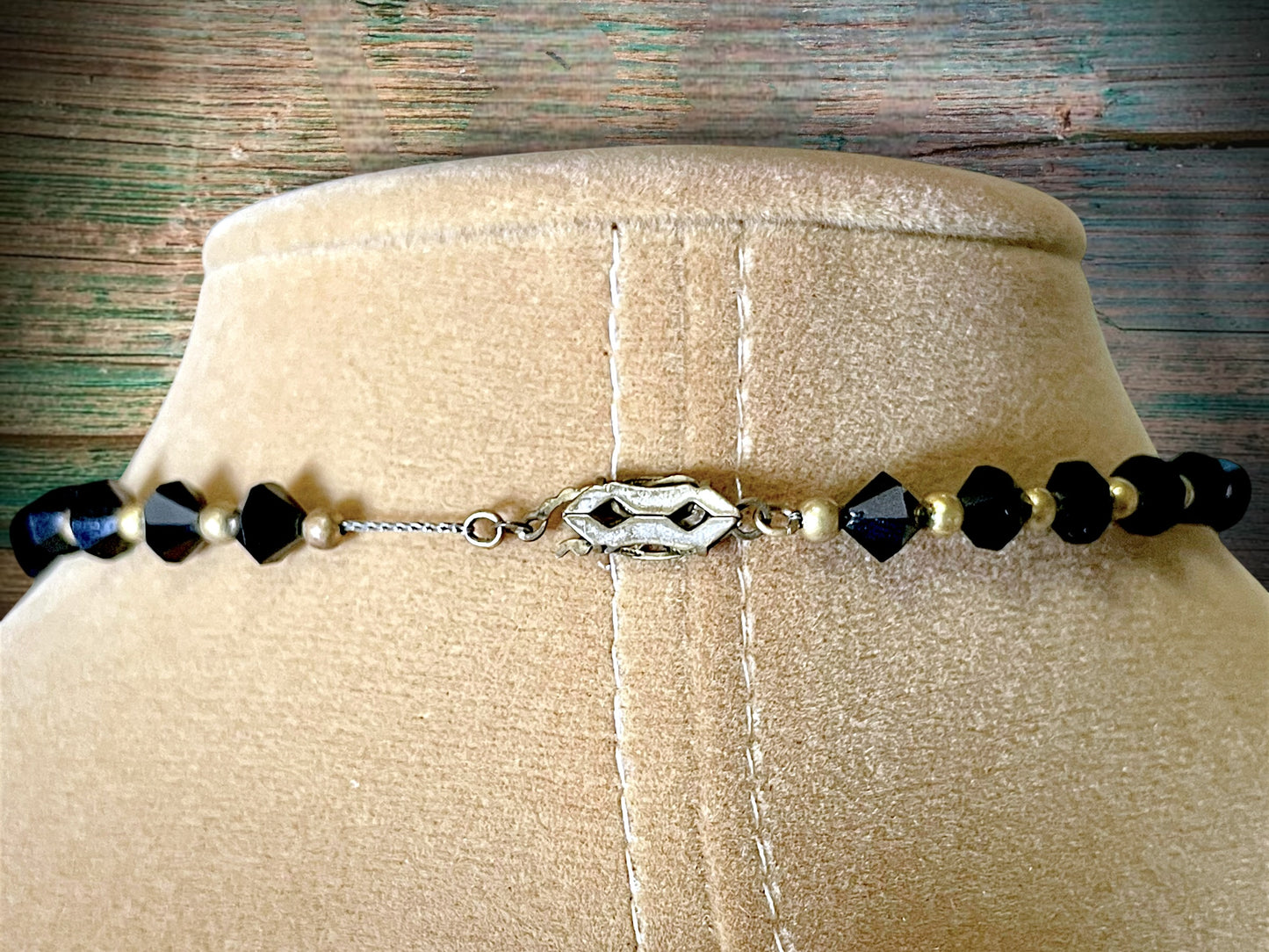 Victorian Mourning Black Crystal & Brass Saw-blade Gothic Chain Necklace