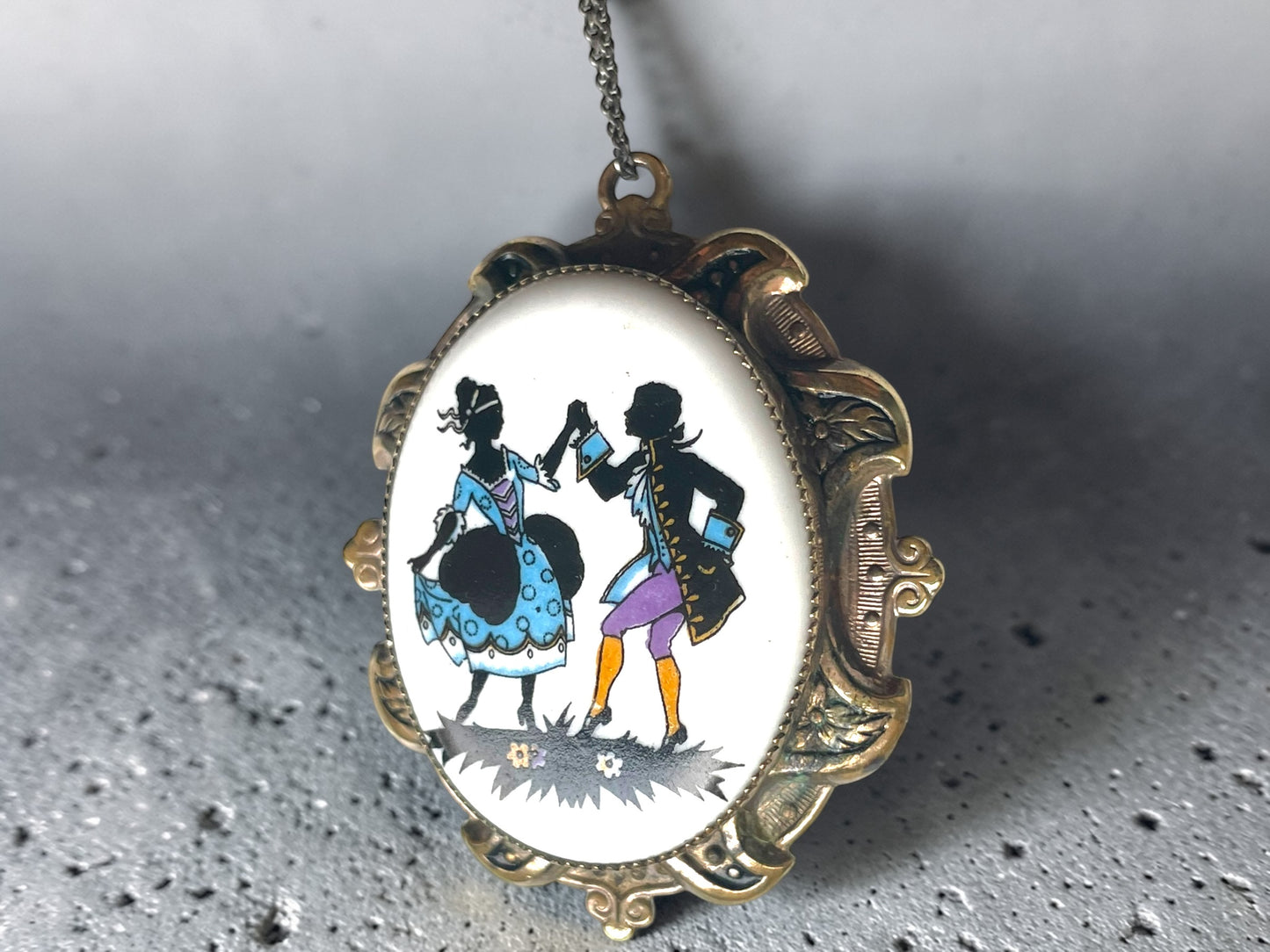 Edwardian Porcelain Silhouette  Courting Couple Colorful Limogé Cameo Gilded Brass Locket Sterling Necklace