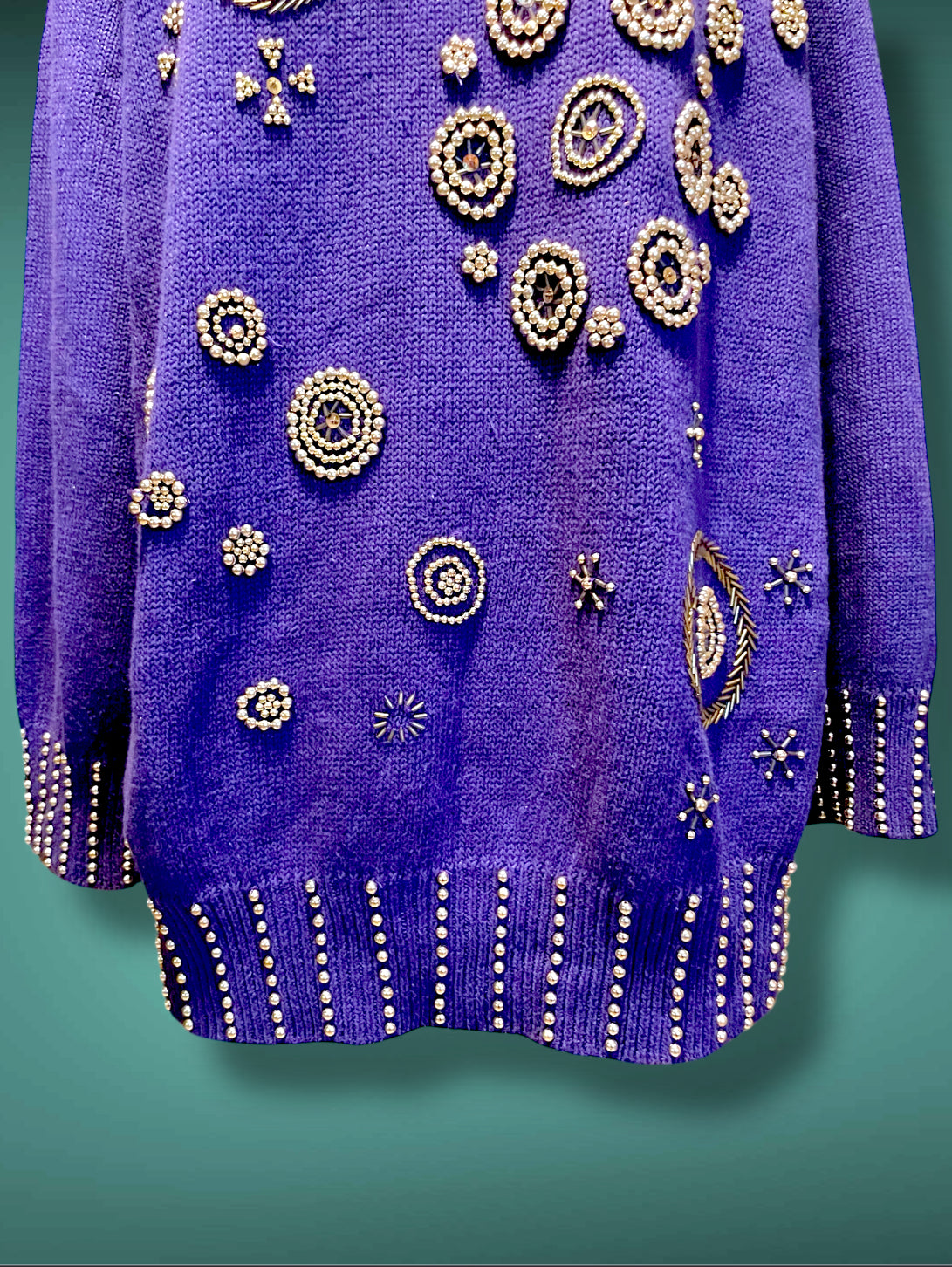 Vintage 1980’s Purple Oversized Boat Neck Sweater with Gold Bead Detail Design