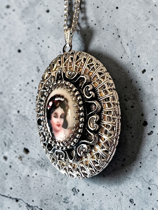 Porcelain Limogé Cameo Bezel Set in Silver Filigree Over Gold Locket Necklace