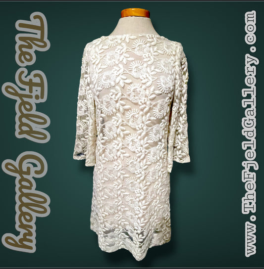 1960’s Embroidered Ivory Lace Mod Short Dress with Bell Bottom Sleeves