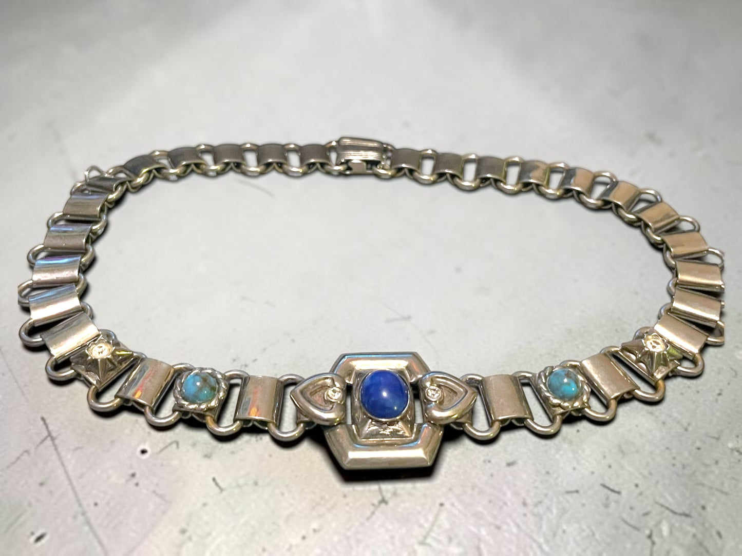 Victorian Chunky Silver Book-link Chain, Blue Lapis & Turquoise Art Glass & Crystal Rhinestone Collar Necklace