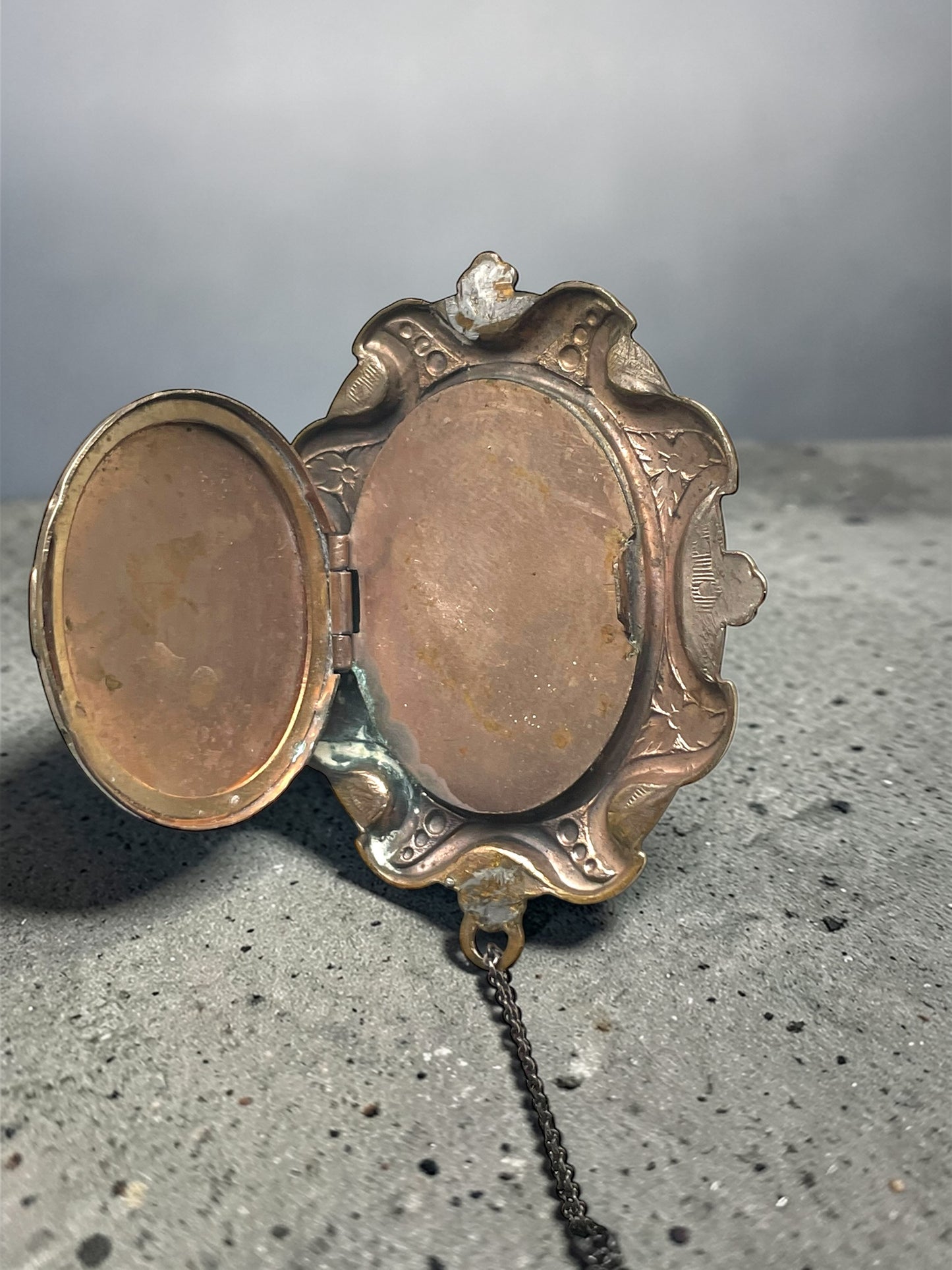 Edwardian Porcelain Silhouette  Courting Couple Colorful Limogé Cameo Gilded Brass Locket Sterling Necklace