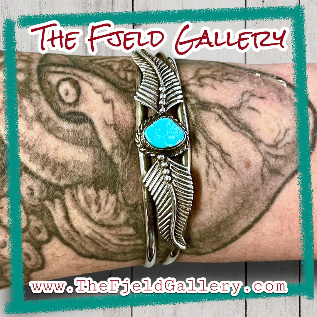Native American Turquoise Double Leaf Sterling Silver Cuff Bracelet