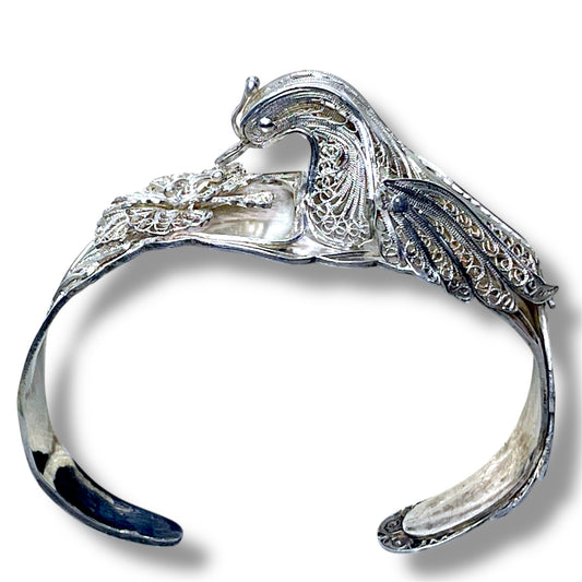 Incredible Sterling Filigree Peacock & Flower 3D Cuff Bracelet