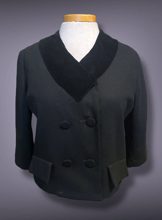 1930’s Black Velvet Collar Double Breasted Crop 3/4 Sleeve Jacket