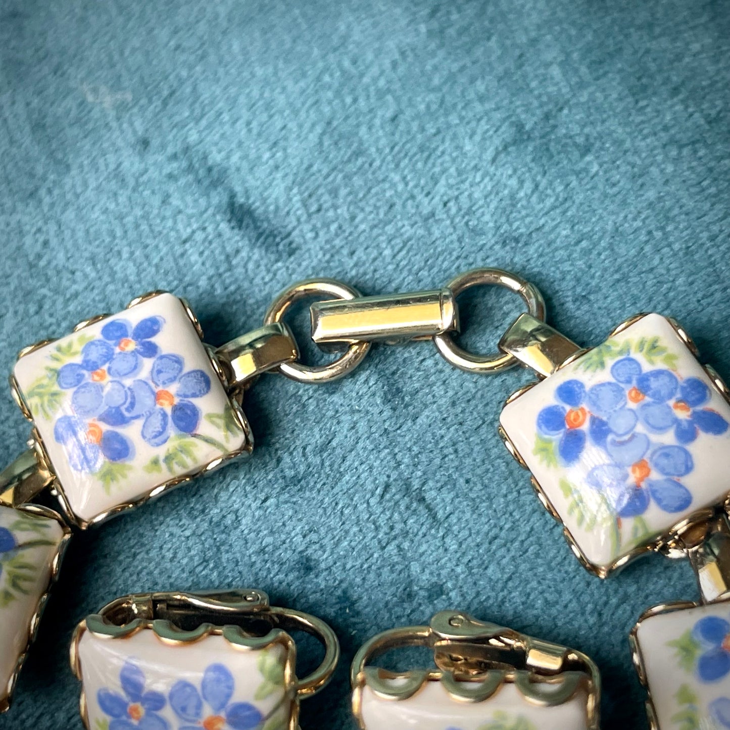 Vintage Blue Forget Me Not Flower Hand Painted Porcelain Limoge Panel Link Bracelet & Earring Demi Parure