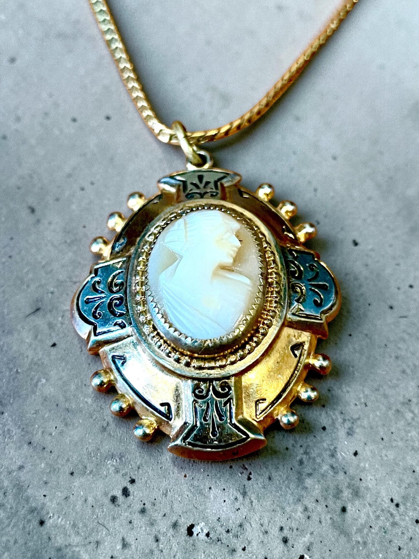 Edwardian Mixed Metal Carved Shell Cameo Cross Locket 14K GF Necklace