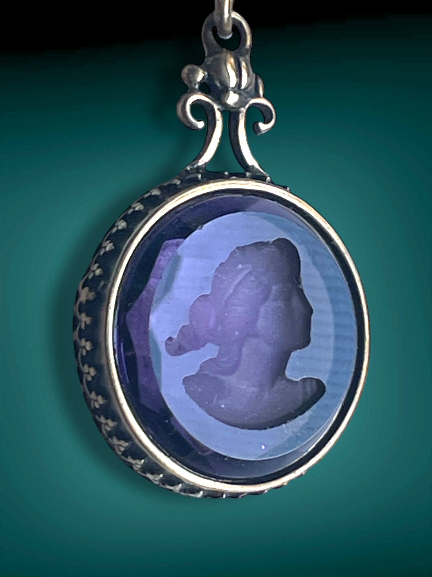 Art Nouveau Brass Scarab Set Purple Faceted Glass Intaglio Cameo Pendant Necklace