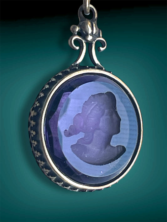 Art Nouveau Brass Scarab Set Purple Faceted Glass Intaglio Cameo Pendant Necklace
