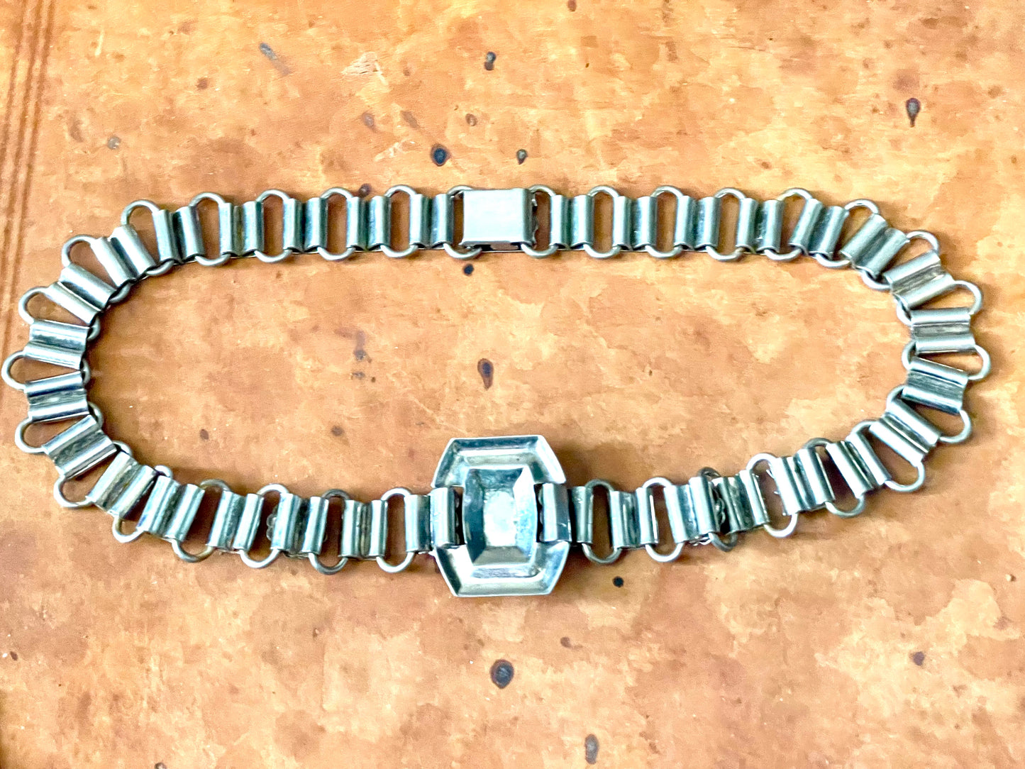 Victorian Chunky Silver Book-link Chain, Blue Lapis & Turquoise Art Glass & Crystal Rhinestone Collar Necklace