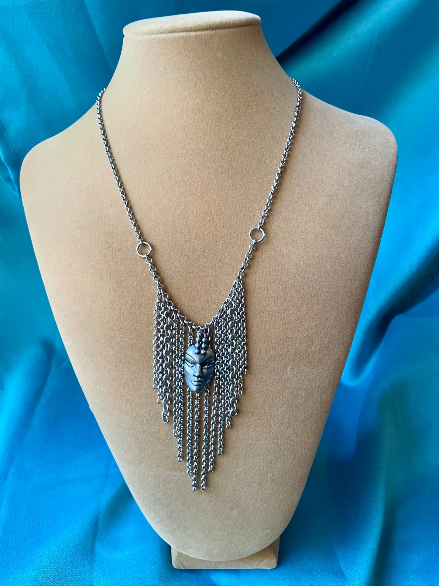 Designer Thierry Mugler Silver Face Fringe Necklace