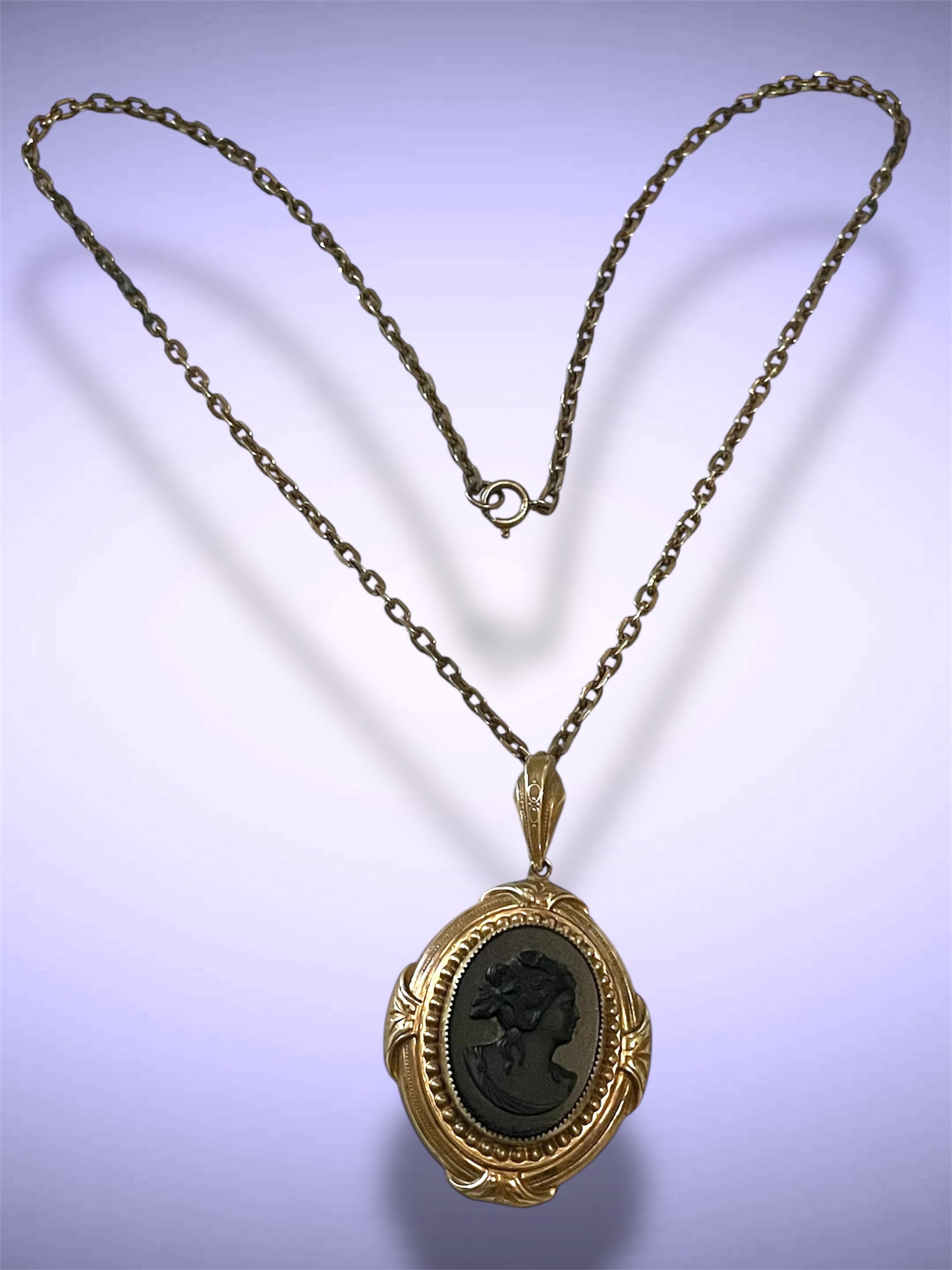 Antique Victorian Gilded Brass Repoussé Hollowwork Black Mourning Cameo Necklace