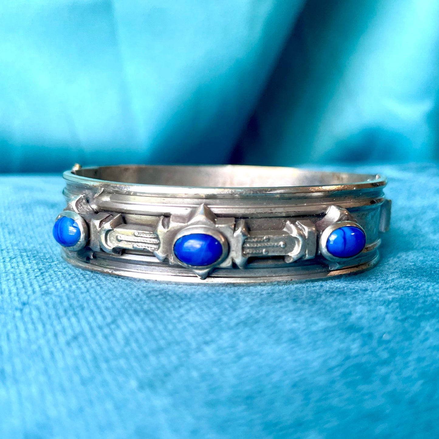 Antique Regal Blue Lapis Art Glass Silver Hinged Bangle Bracelet