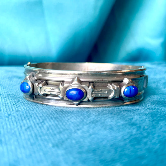 Antique Regal Blue Lapis Art Glass Silver Hinged Bangle Bracelet