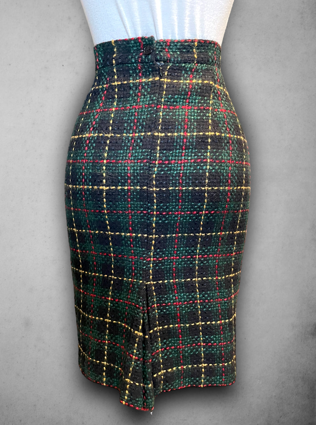 Vintage Green, Red, Yellow & Black Plaid Wool Pencil Skirt