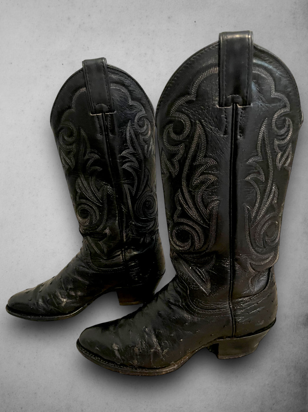 Vintage Black Leather Embroidered Cowboy Boots