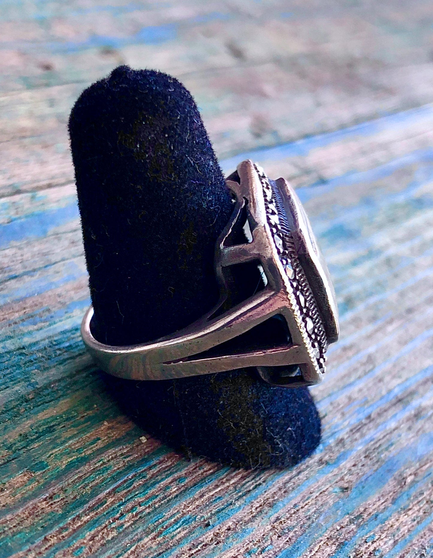 Sterling silver and abalone rectangle ring with marcasites sz 7.75