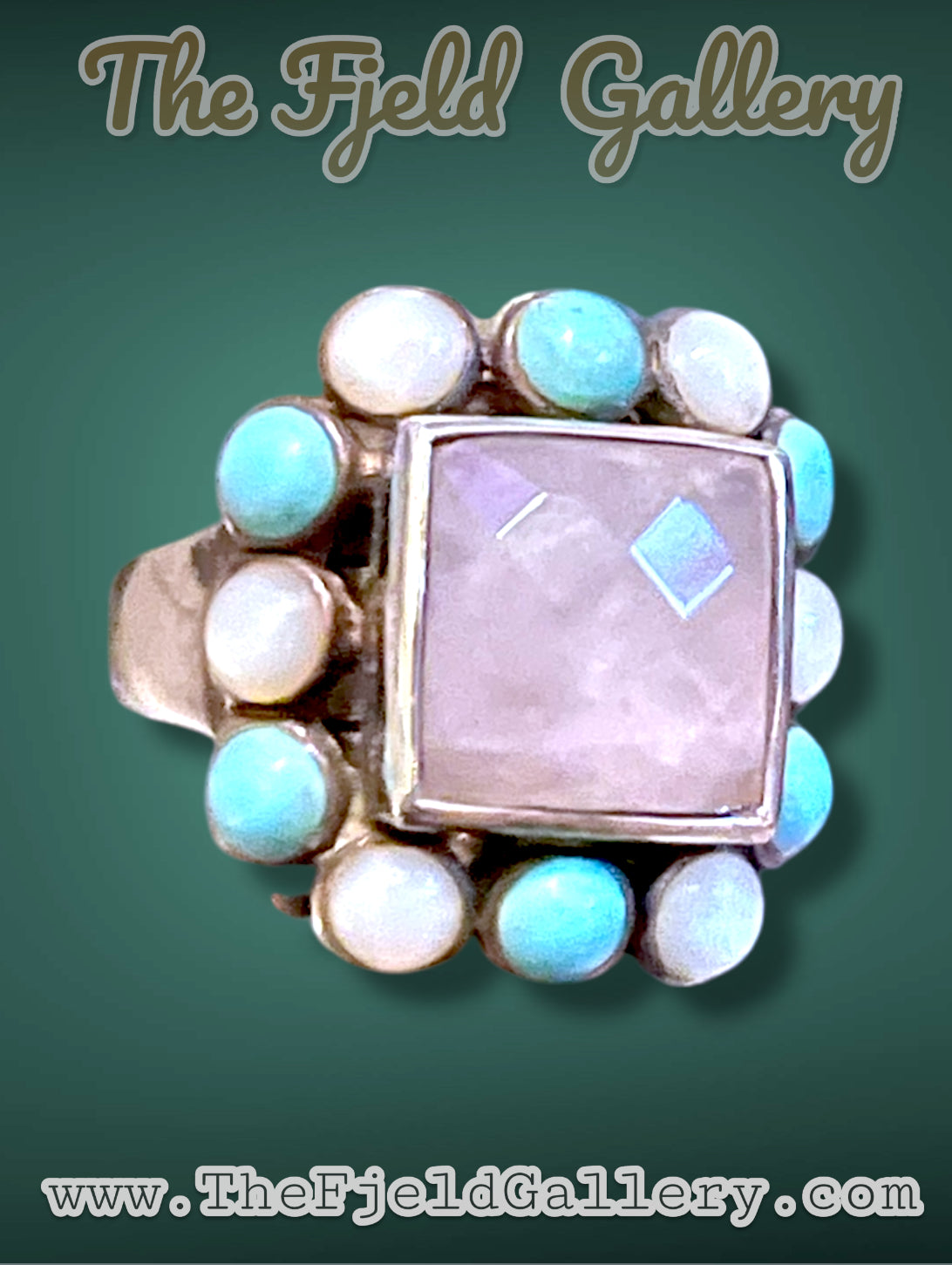 Rose Quartz Sterling Silver Turquoise & Mother of Pearl Gemstone Ring sz 6