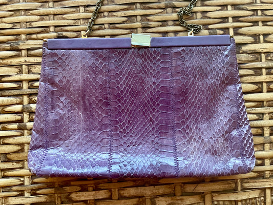 Vintage 1970’s Purple Snake Skin Leather Accordion Purse with Chain Strap