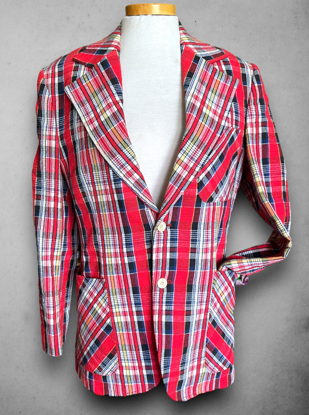 Vintage 1970’s Johnny Carson Red, Yellow, Blue & White Plaid Sports Coat / Blazer