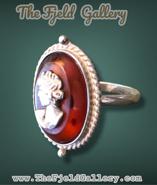 Vintage Sterling Silver & Baltic Amber Cameo Ring