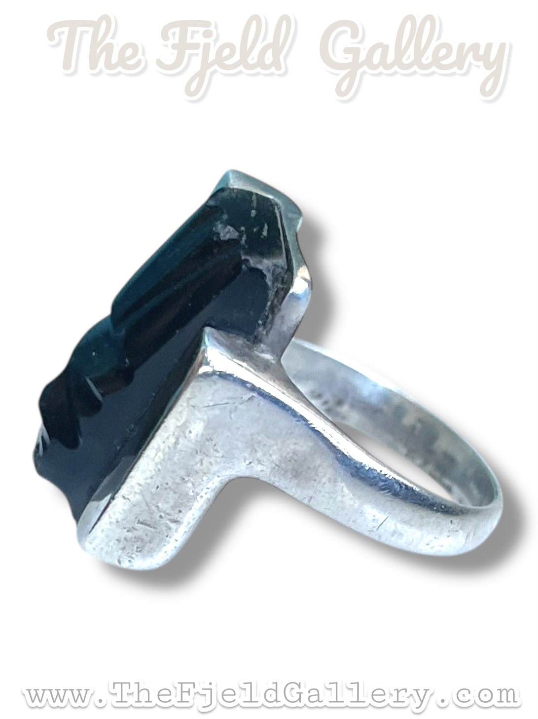 Black Onyx Carved Face Mask Taxco Mexico Sterling Silver JCOA Eagle 2 RING sz 7