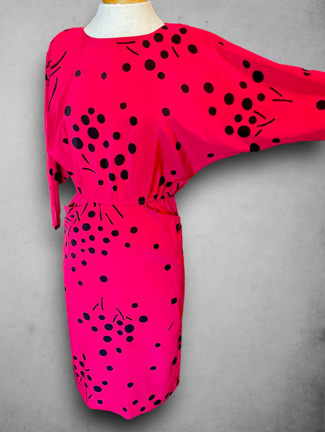 1980’s Pink Magenta Abstract Polka Dot Print Batwing Dress with Pockets
