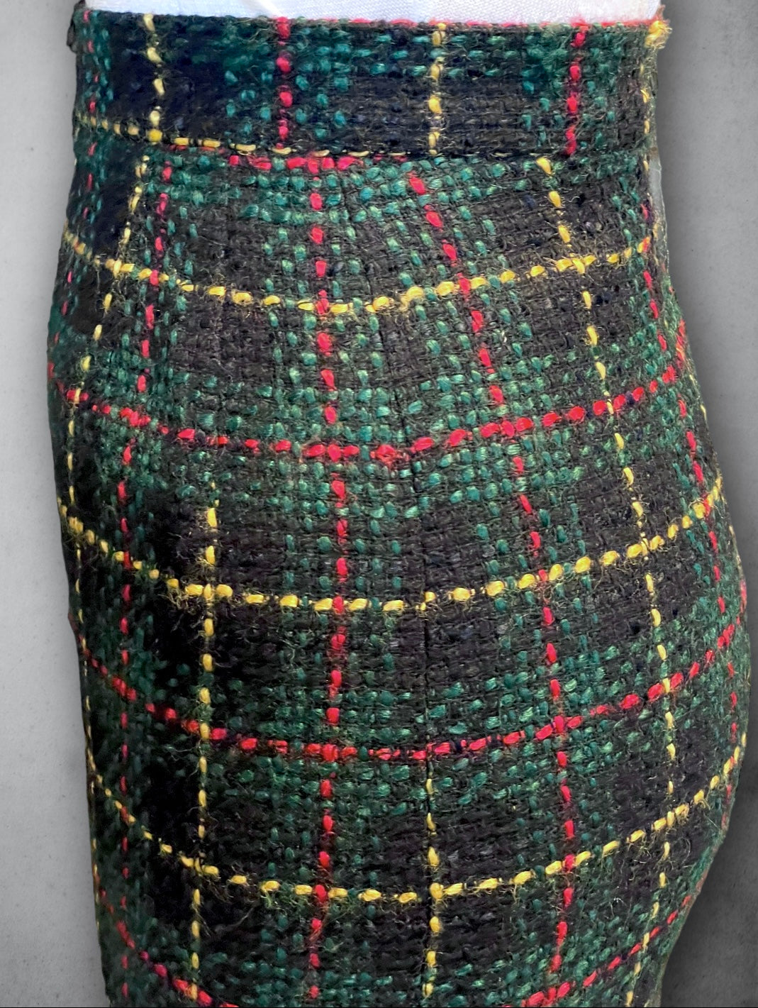 Vintage Green, Red, Yellow & Black Plaid Wool Pencil Skirt