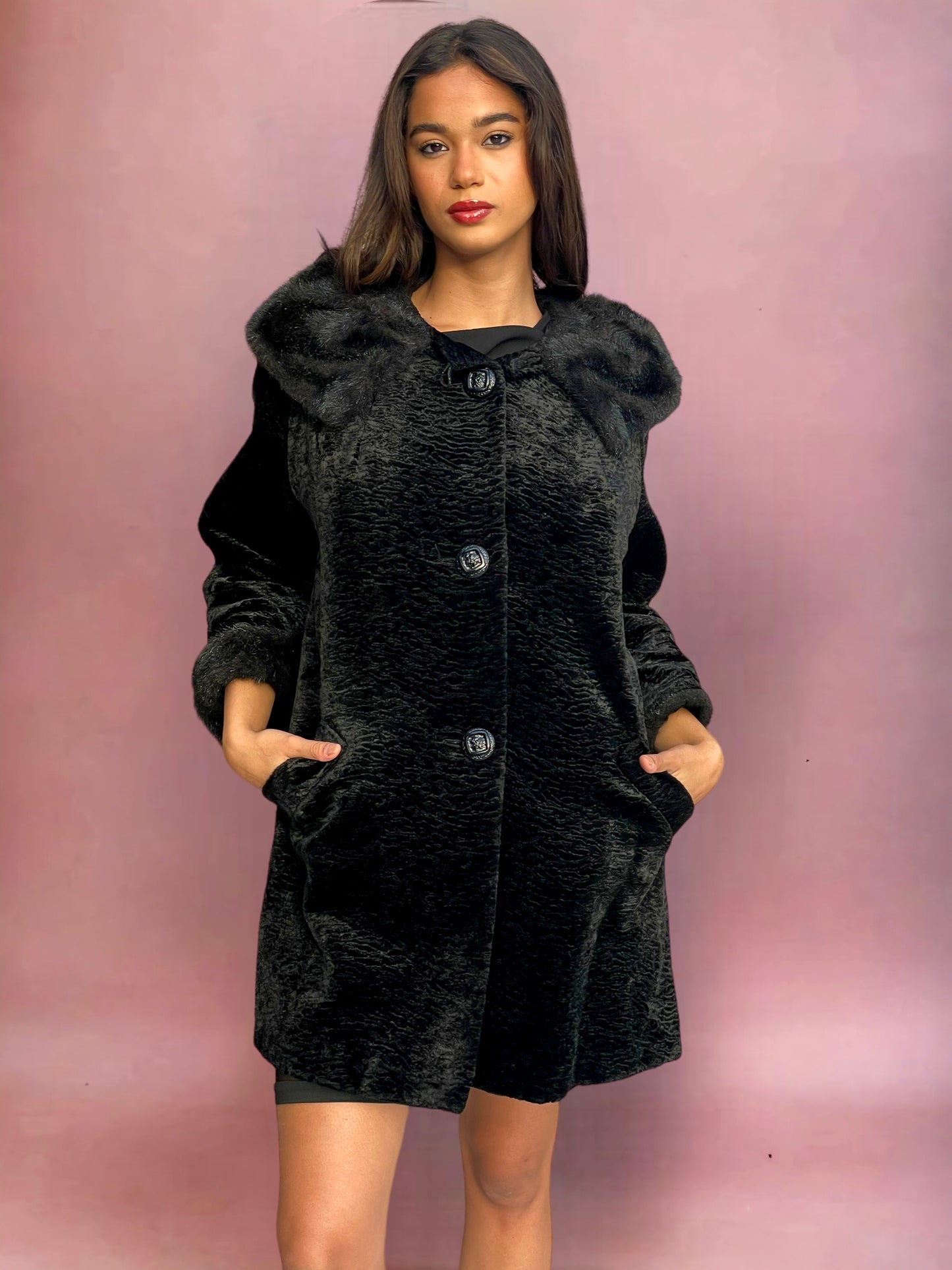 Mod 1960’s Tiger Stripe Patterned Black Velvet & Faux Fur Evening Coat