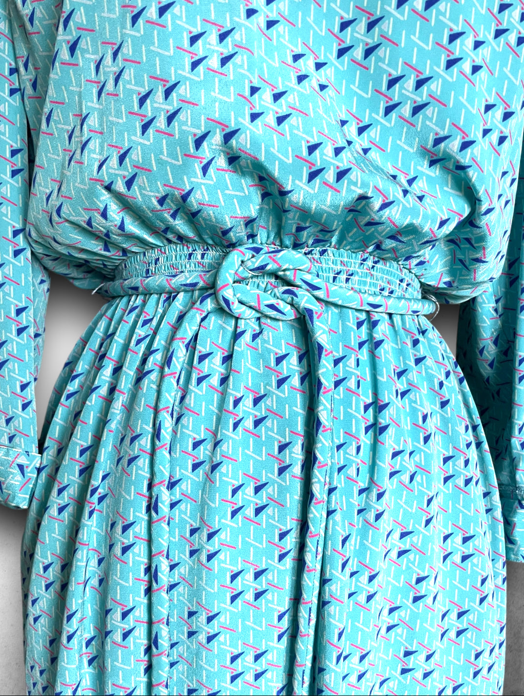 Vintage 1980’s Blue, Teal, Pink & White Abstract Pattern Dress