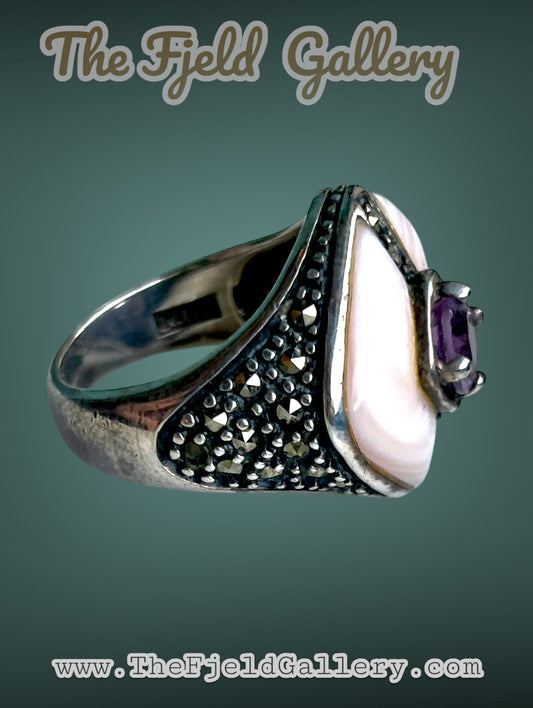 Art Deco Sterling Silver Marcasite Amethyst & Mother of Pearl Cocktail ring