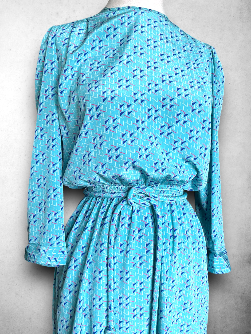 Vintage 1980’s Blue, Teal, Pink & White Abstract Pattern Dress