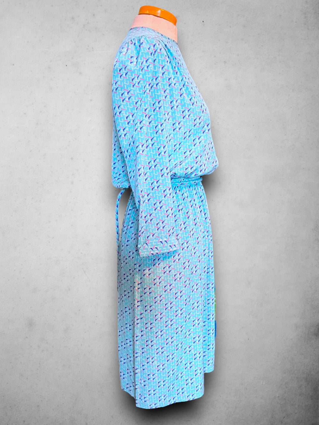 Vintage 1980’s Blue, Teal, Pink & White Abstract Pattern Dress