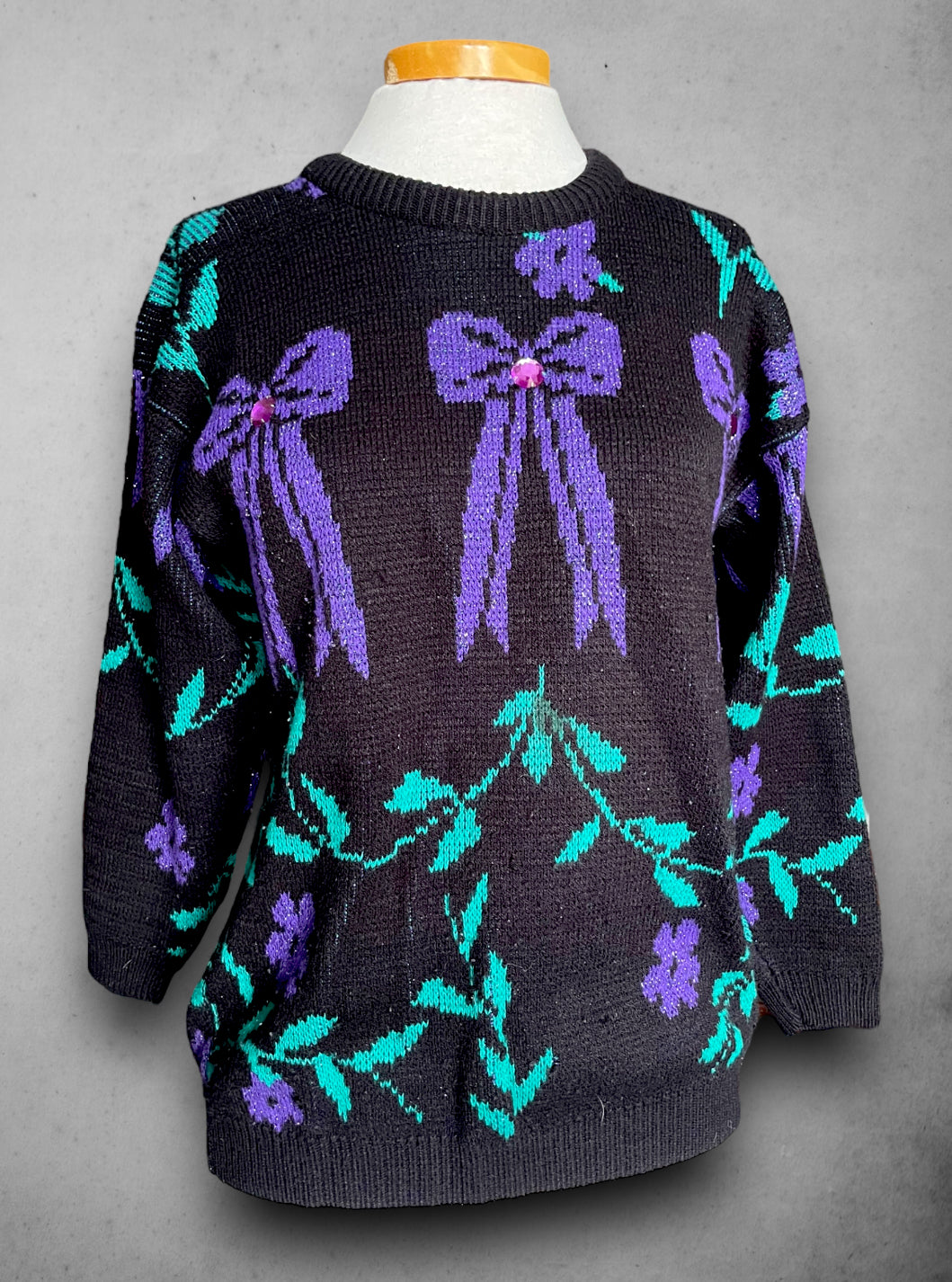 Vintage 1980’s Sweater with Purple & Green Bow and Floral Design & Purple Crystal Detail