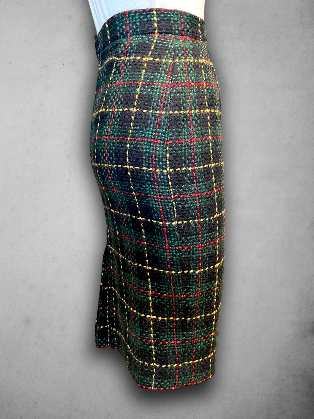 Vintage Green, Red, Yellow & Black Plaid Wool Pencil Skirt