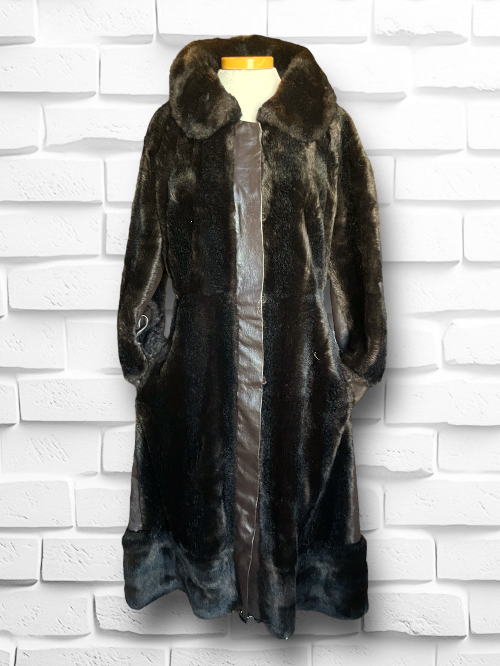 1970’s Vintage Faux Bear Fur & Genuine Leather Long Trench Coat Made in UK