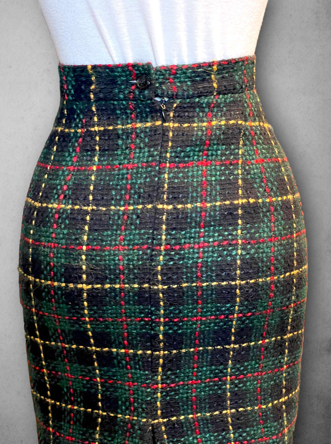 Vintage Green, Red, Yellow & Black Plaid Wool Pencil Skirt