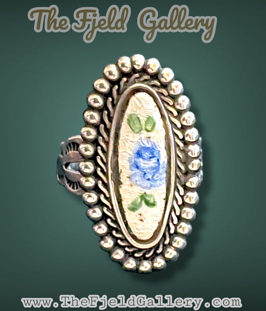 Gorgeous Sterling Cloisonné Enamel Blue Rose Ring
